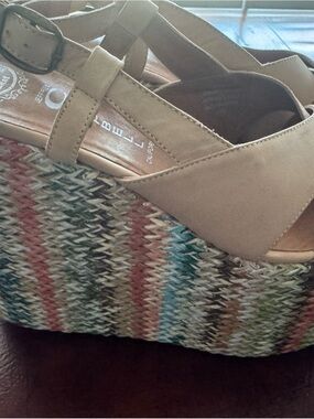 Jeffrey Campbell Beige Suede Platform Wedges with Multicolor Woven Sole